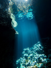 Underwater cave with vertical sun rays going through the water