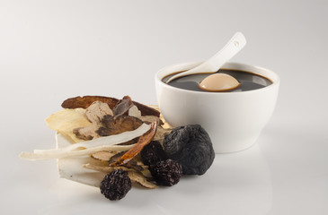 Chinese traditional herbs and medicine soup on background.