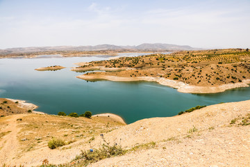 Yellow mountains, lake and beautiful panoramic view