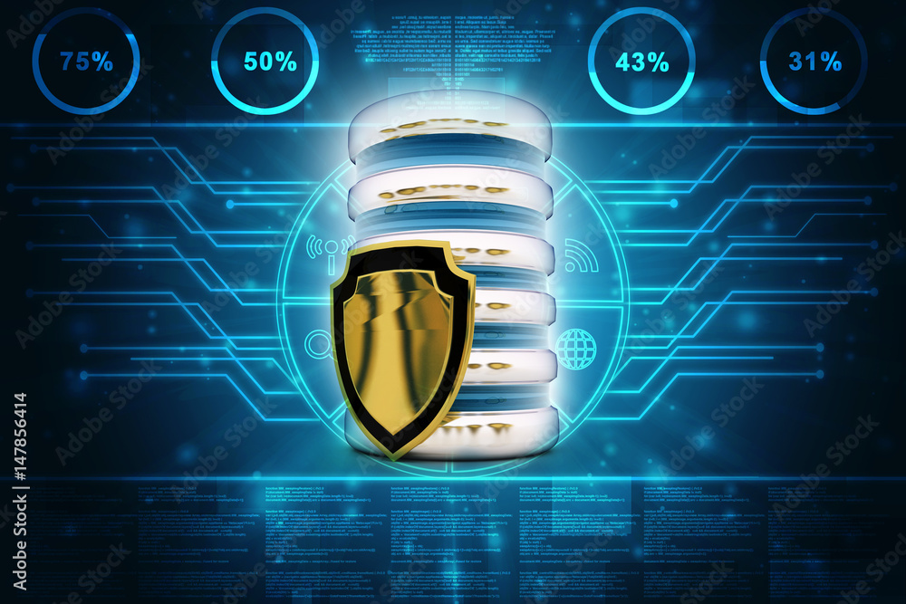 Poster 3d rendering database storage data base with protected shield