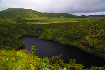 Aerial view to lake Comprida, Flores island Azores. Portugal