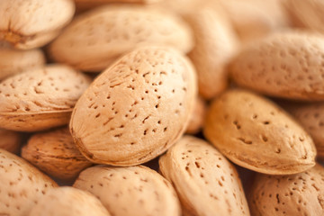 a close up macro shot of lot of almond nuts in the shell with selective focus and beautiful bokeh
