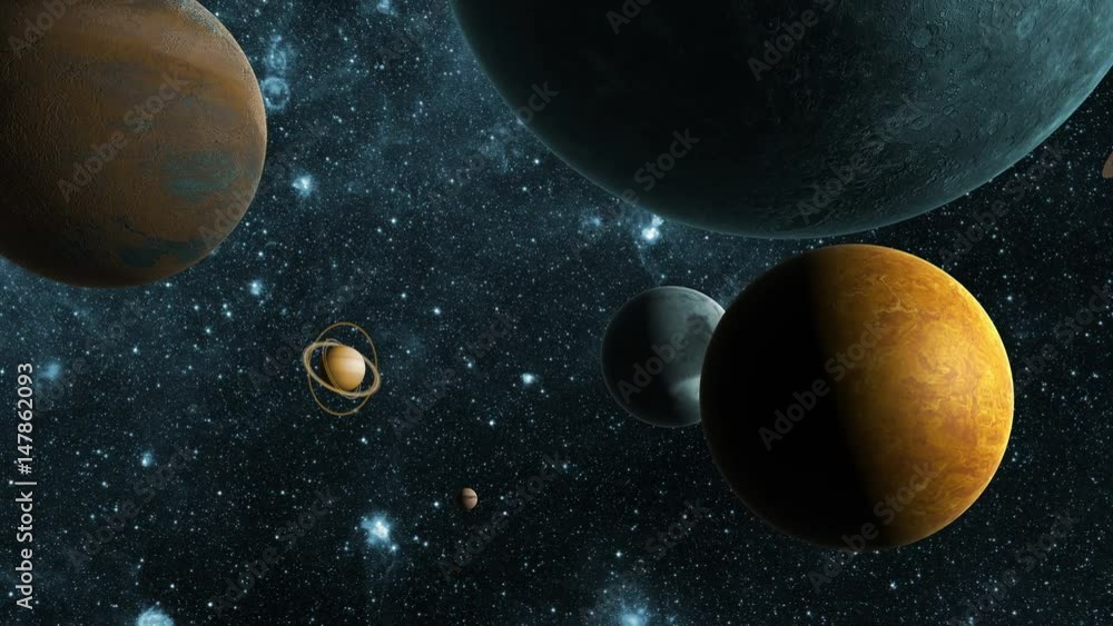 Wall mural in the search for the exoplanet. flight in outer space between different planets. 4k. 3840x2160.