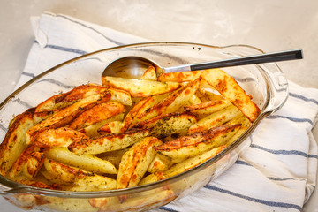 Homemade baked potatoes with spices in a glass form.