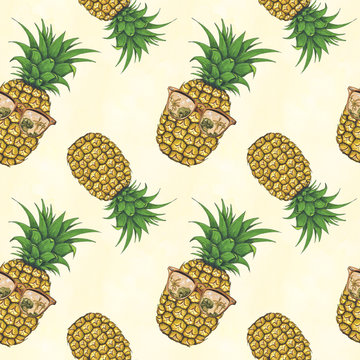 Pineapple Sunglasses Hand-Painted Illustration Seamless Pattern Background Texture Wallpaper Scrapbook