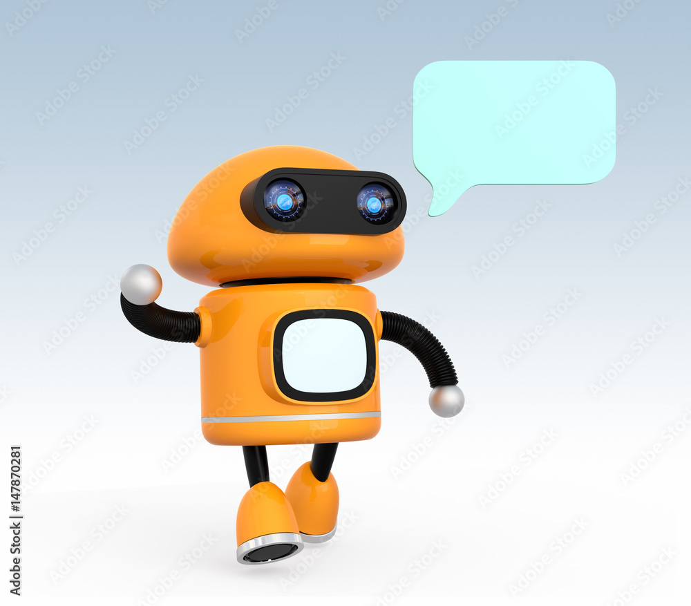 Poster cute orange robot with text bubble isolated on light blue background. 3d rendering image.
