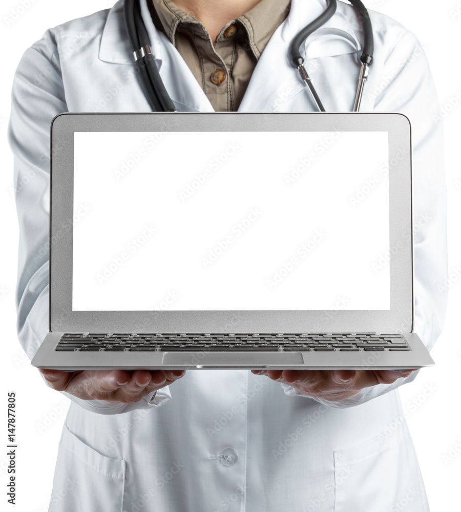 Poster female doctor holding a laptop, isolated on white background