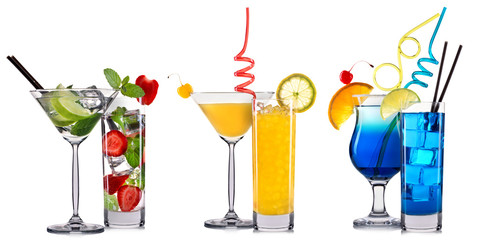 alcohol cocktail set on a white with fresh summer fruits