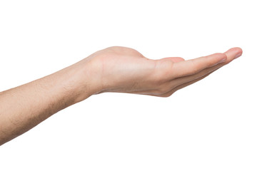 Man holding palm open isolated on white
