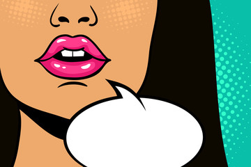 Closeup of sexy open female mouth with pink lipstick screaming announcement and empty speech bubble. Vector bright background in comic retro pop art style.