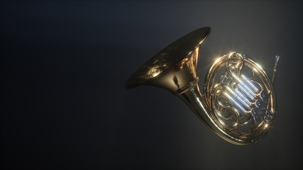 Aged french horn isolated on dark myst background. 3D rendering