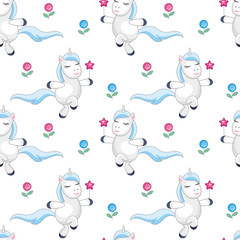 Fairy children seamless pattern with the image of cute unicorns. Colorful vector background