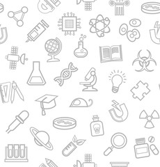 Science, white background, contour icons, monochrome, seamless, vector. Gray, linear icons on a white field. Different types of scientific activities. Vector flat background. 
