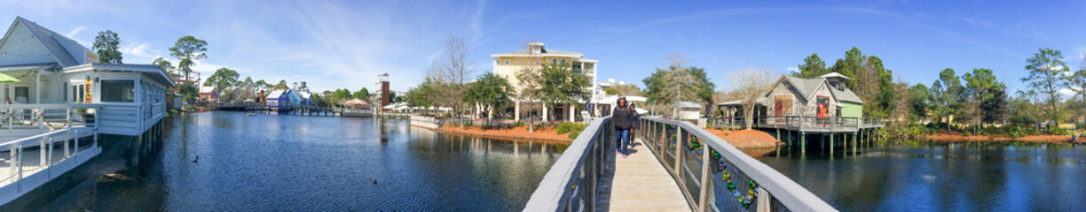 DESTIN, FL - FEBRUARY 2016: Panoramic view of Harbourwalk Village with tourists, Florida