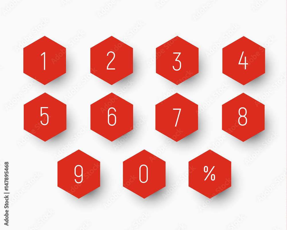Poster set of numbers from 0 to 9 on button in the shape of a hexagon
