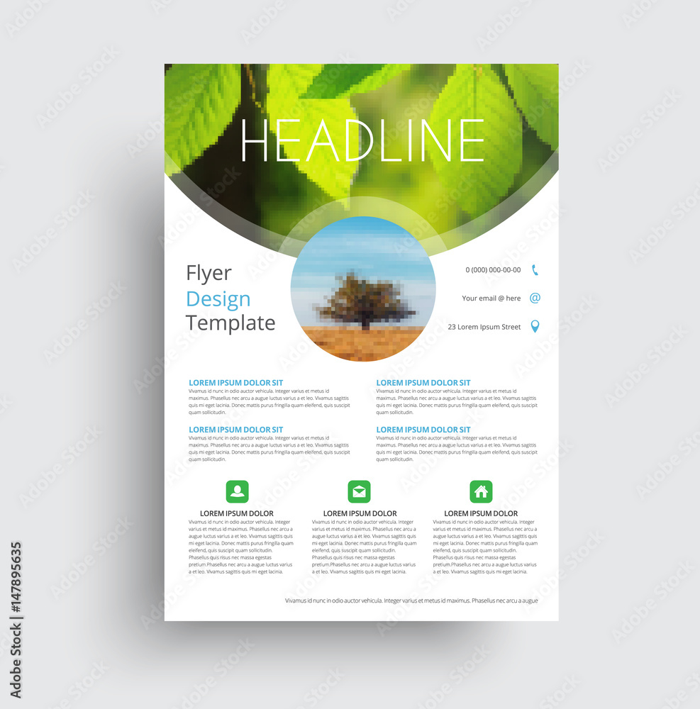 Poster flyer format A4 format with round and semicircular elements for a photo.