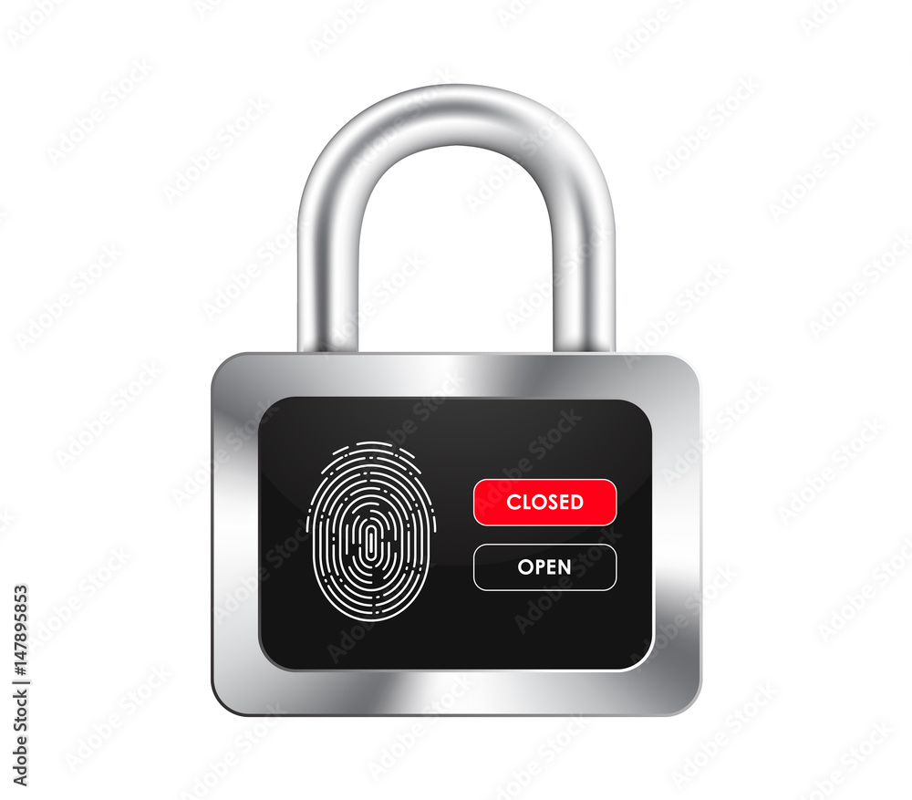 Poster realistic padlock with a black display, fingerprint and opening and closing control buttons.