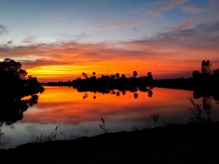Sunset behind the pond