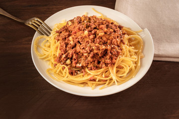 Plate of pasta with meat and tomato sauce