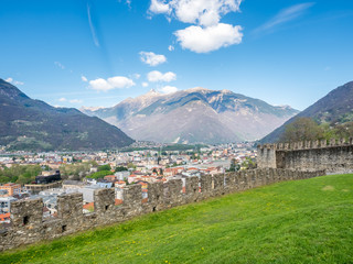 Bellinzona cityscape view and rock wall
