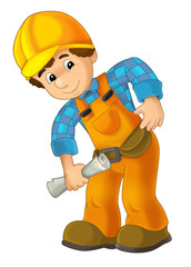 cartoon construction worker in bending with some kind of project in his hand