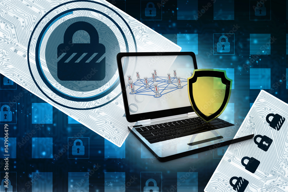 Poster laptop with shield. isolated 3d rendering image