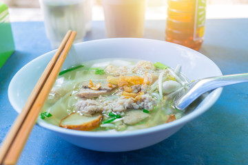 Thai Chinese style noodle with beansprout. Street food lunch in Thailand.