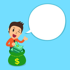 Cartoon businessman and money bag with white speech bubble