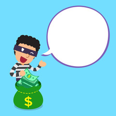Cartoon thief and money bag with white speech bubble