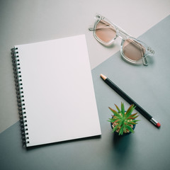 Flat lay of minimal workspace desk with notebook , eyeglasses and green plant, copy space on gray tone