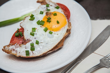 Toast with fried eggs. Breakfast.