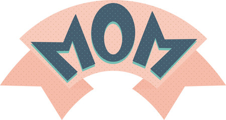 Ribbon banner with text MOM for emotion. Retro hand drawn design element for banner, advertising, poster in pop art style on dot colorful background. Vector Illustration for Mother's Day calligraphy