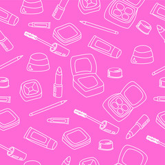 Pattern of women's cosmetics on a pink background