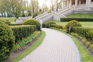 Garden with topiary landscape. Landscaping in the park