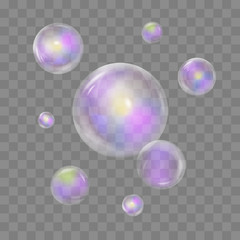 Set of realistic transparent colorful soap bubbles with rainbow reflection isolated on checkered background. Vector texture.