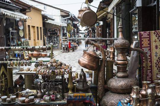 Copper product as souvenir for visitors and tourists in Old Town Sarajevo. Bosnia and Herzegovina.