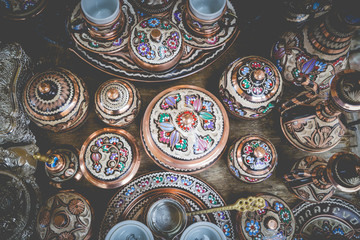 Traditional handcrafted copper coffee pots in souvenir shops in Sarajevo. Bosnia and Herzegovina.