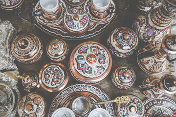 Traditional handcrafted copper coffee pots in souvenir shops in Sarajevo. Bosnia and Herzegovina.