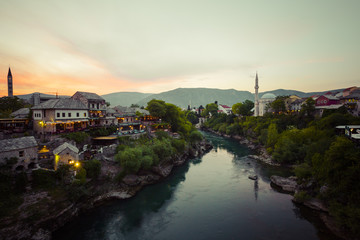 Old bridge in Mostar at night . Bosnia and Herzegovina