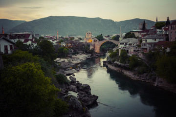 Old bridge in Mostar at night . Bosnia and Herzegovina