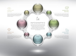 Abstract info graphic with circle elements. 4 parts concept. Can be used for workflow layout, banner, number options, step up options, diagram, web design. Vector illustration. Eps10.