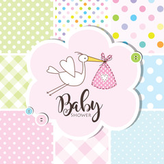Baby shower invitation card, baby arrival card. Seamless patterns at the background. 