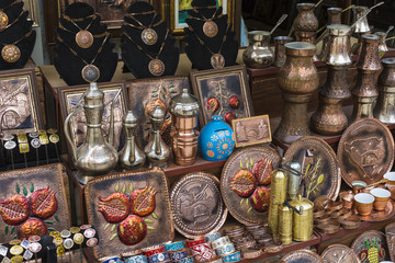 Copper product as souvenir for visitors and tourists in Old Town Mostar. Bosnia and Herzegovina.
