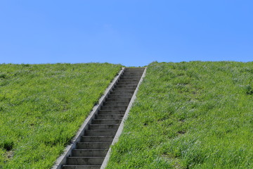 Fototapeta na wymiar Stairs in grass, sky, isolated