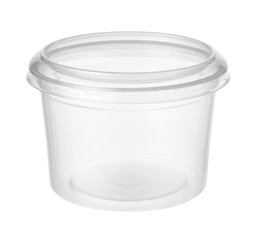 Empty plastic jar isolated on white background.