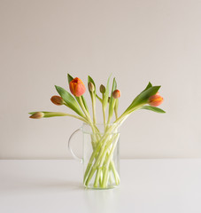 Close up of orange tulips in glass jug on white table
