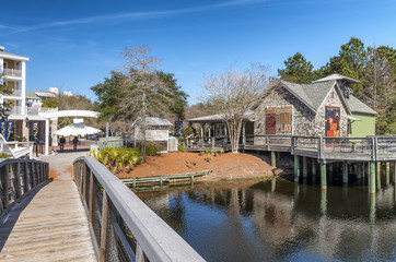 DESTIN, FL - FEBRUARY 2016: Harborwalk Village colourful homes on a sunny day. It is a shopping mall with lots of entertainment areas