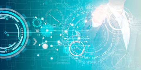 Technology and multi media concept, Mixed media of technology background and business man 
