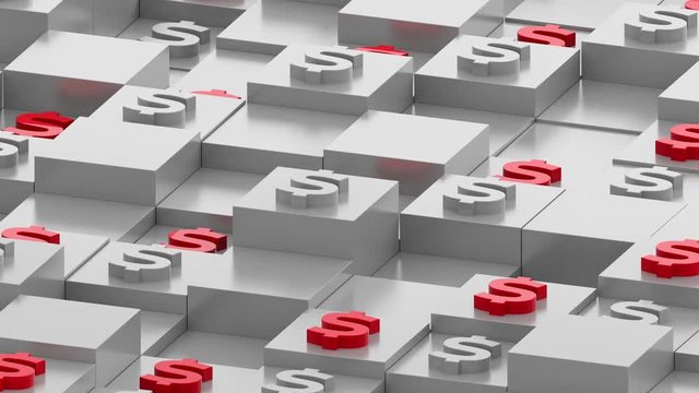 Abstract 3d render of box in perespective. Currency sign on the top of square primitives. Cubes with random height forms a geometric backround in dimetric perespective.