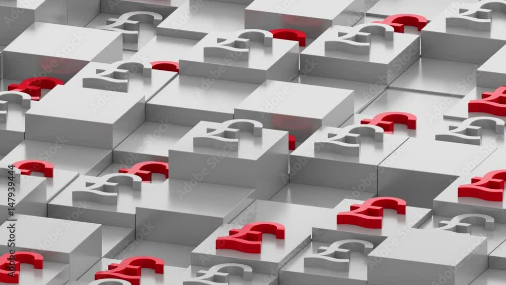 Poster abstract 3d render of box in perespective. currency sign on the top of square primitives. cubes with